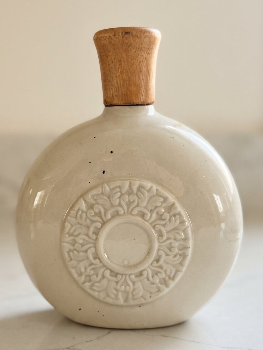 Vintage Ceramic Round Flask Bottle with Wood Stopper Embossed Medallion 9.5"